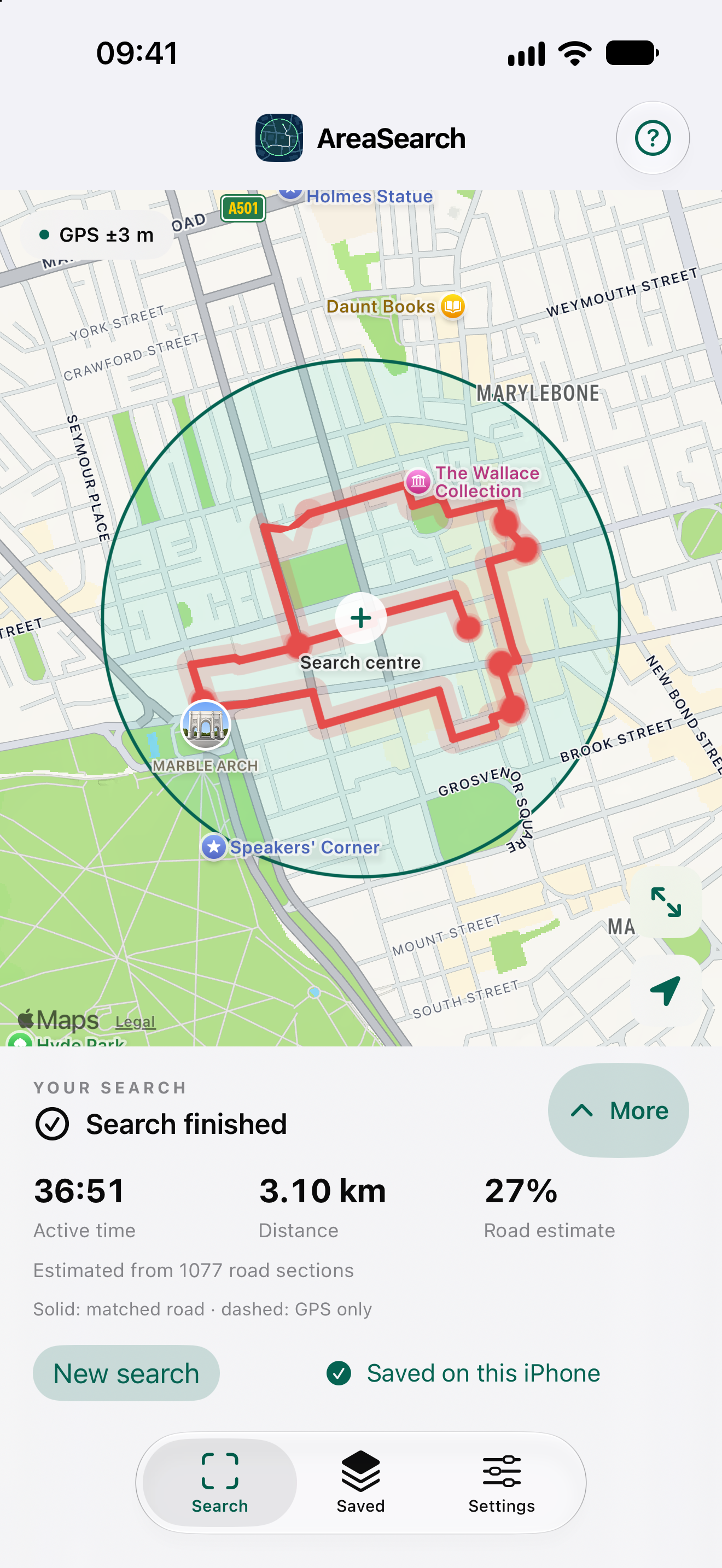 AreaSearch Road mode showing a recorded red route following London streets inside a solid circular search boundary, with road coverage, time and distance.