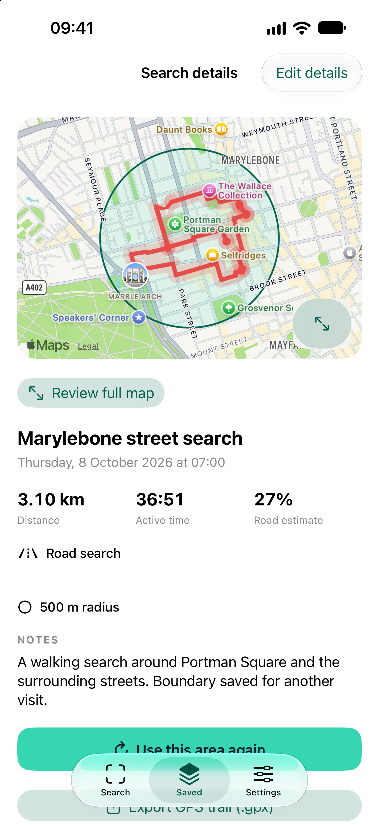 A saved AreaSearch example with its named search, recorded trail, boundary and useful review details.